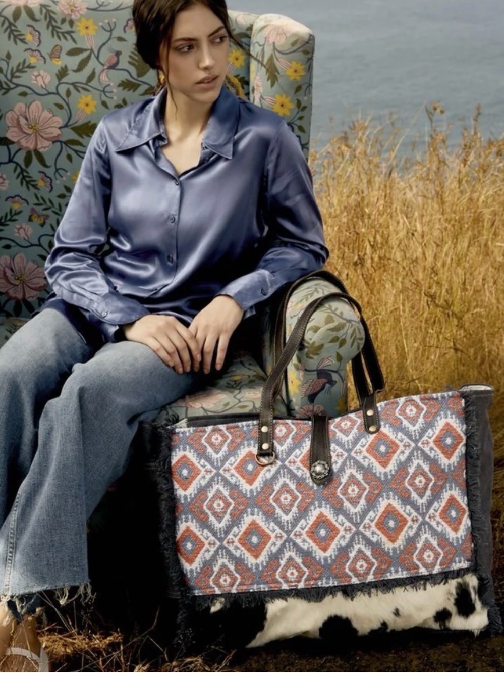 Western Weekender Bag Hairon Leather Woven Aztec Print Tote Bag in Rust & Blue